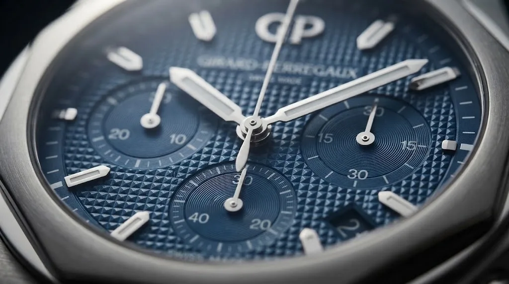 Illustrative render — the third integrated sports watch of the Girard-Perregaux Laureato Chronograph 42mm (steel, blue dial)