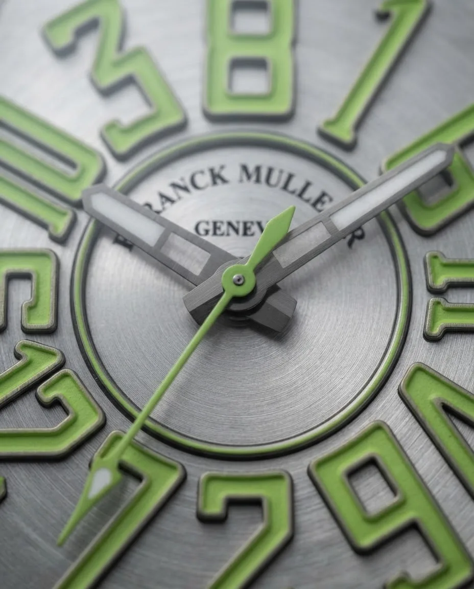 Illustrative render — how a jumping hour hand works of the Franck Muller Vanguard Crazy Hours V 45 CH BR (green) (brushed steel, green numerals, black alligator strap with green stitching)