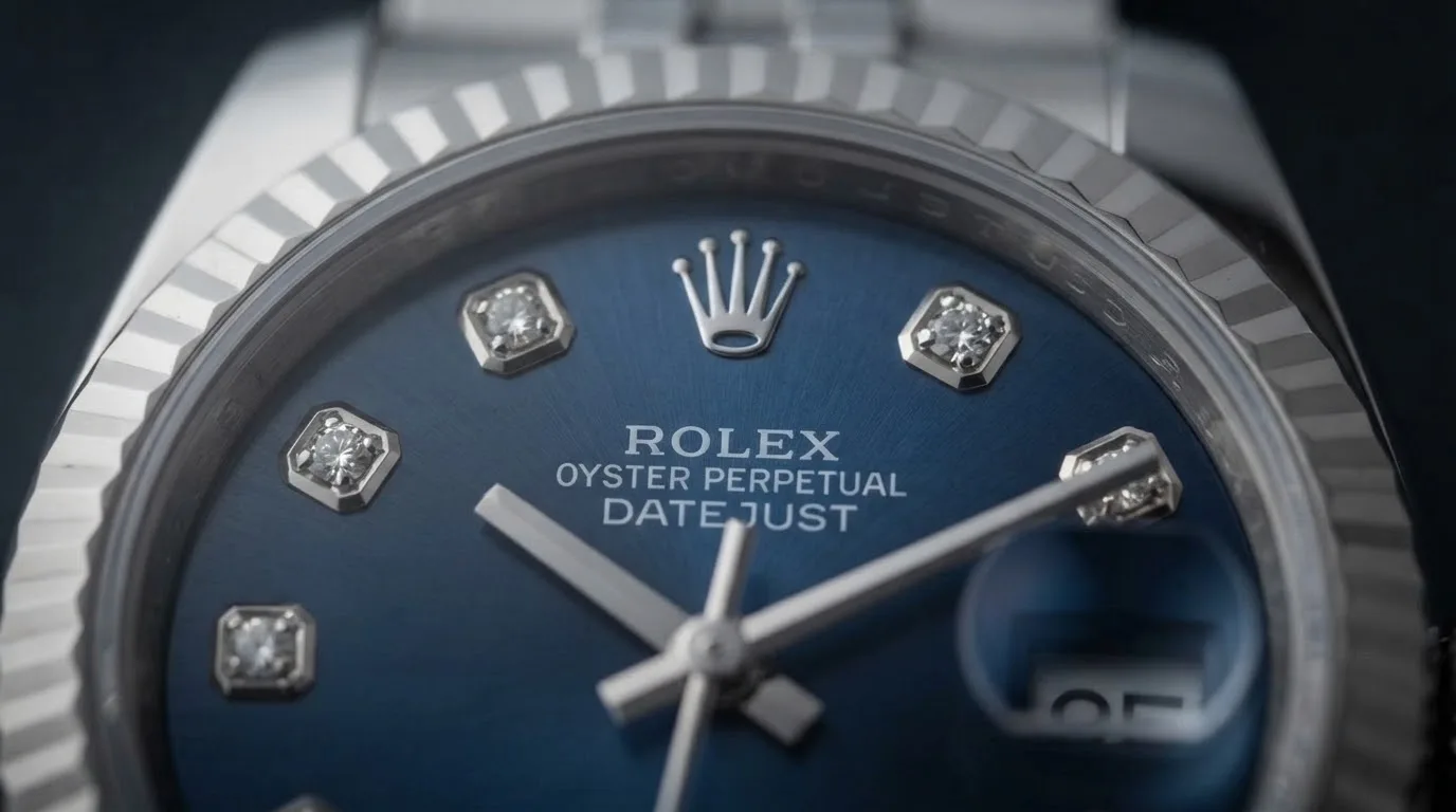 Illustrative render — blue and diamonds on steel of the Rolex Lady-Datejust 26 (steel, white gold fluted bezel, blue diamond dial, Jubilee bracelet, dated card, pre-owned)