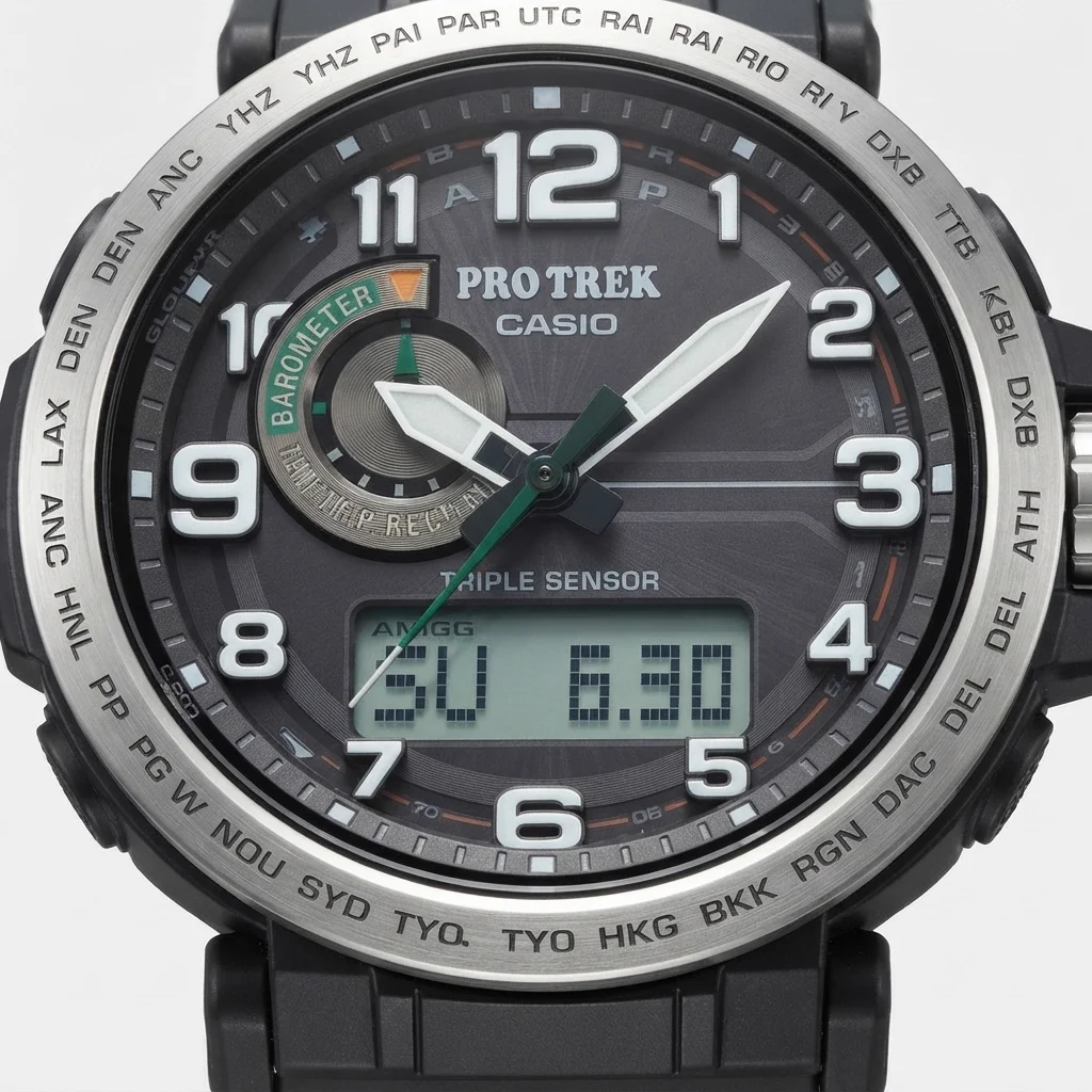 Illustrative render of the Casio Pro Trek PRG601-1 dial, showing the barometer sub-dial and Triple Sensor display