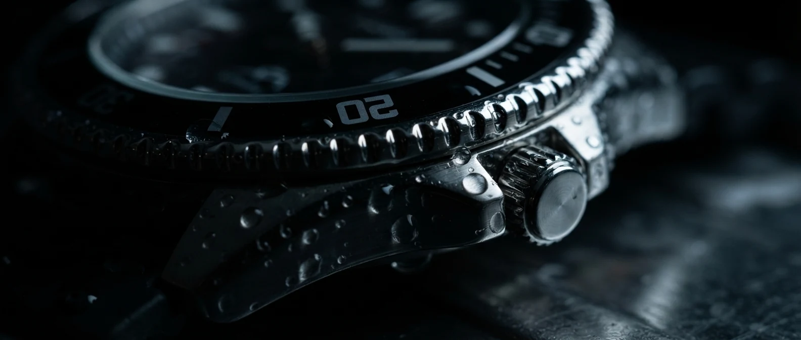 Illustrative render, close on the Casio Duro's bezel edge and screw-down crown with water beaded on the steel