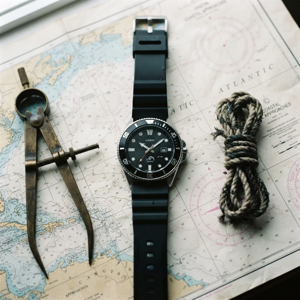 Illustrative render, the Casio Duro laid on a nautical chart beside brass dividers and a coil of rope
