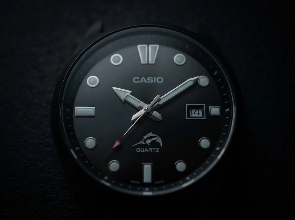 Illustrative render, macro of the Casio Duro dial showing applied markers and the date window