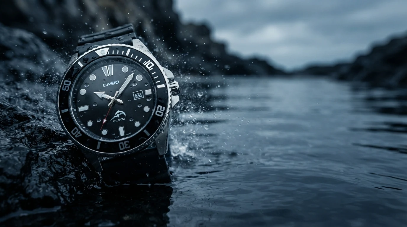 Illustrative render of the Casio Duro MDV106 half-submerged at the edge of dark seawater