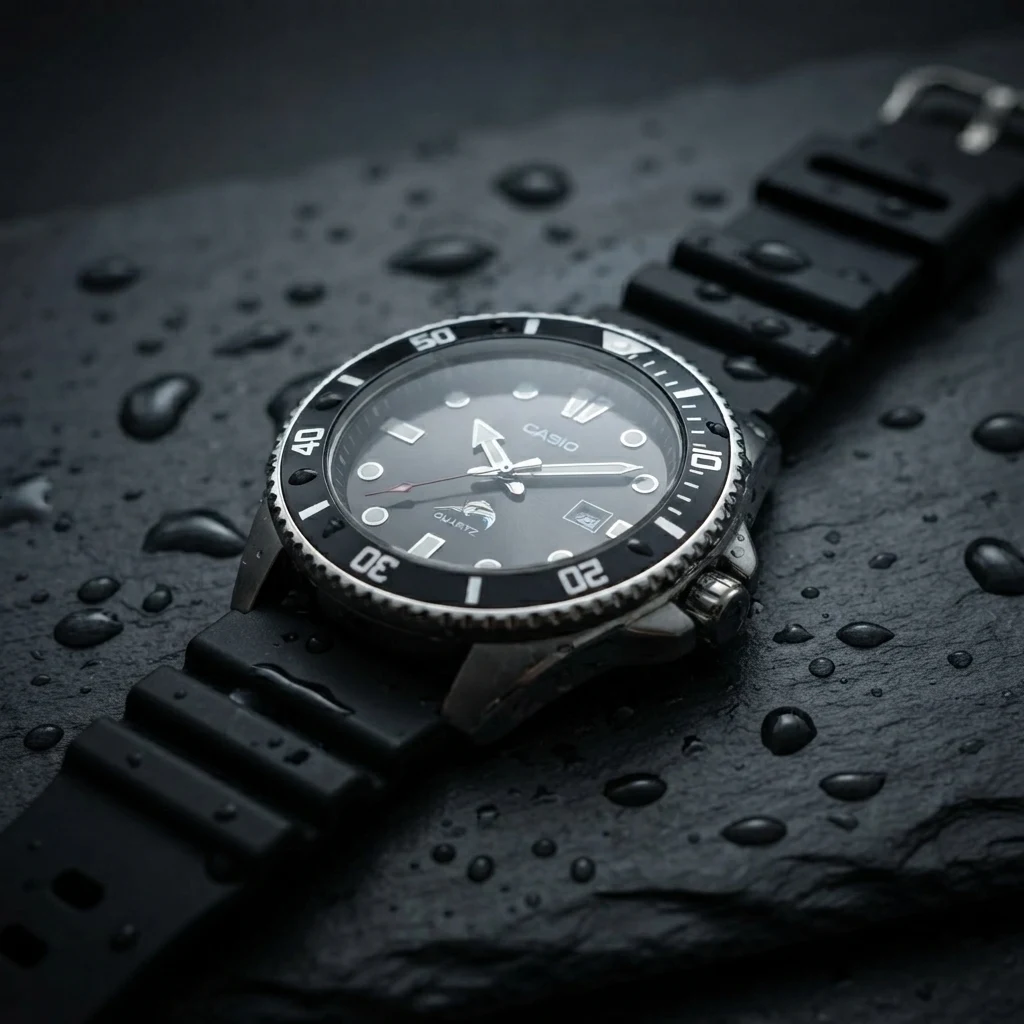 Illustrative render of the Casio Duro resting on wet slate