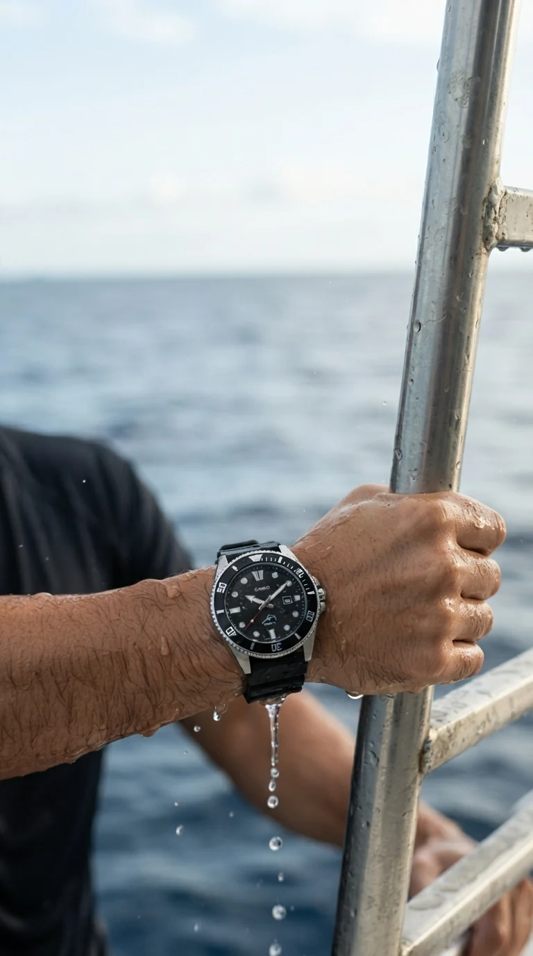 Illustrative render of the Casio Duro worn on a wet wrist gripping a boat rail, open ocean behind