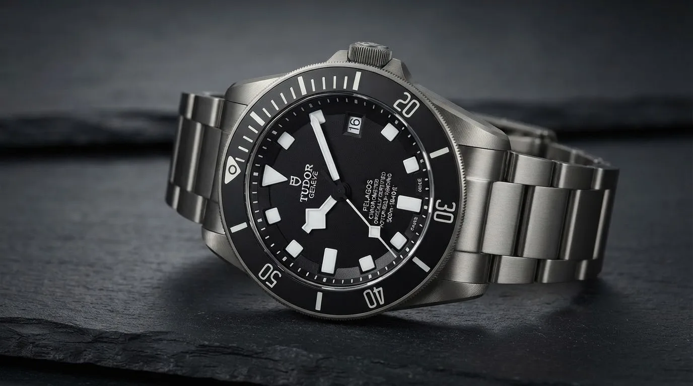 Illustrative render — hero view of the Tudor Pelagos 42mm M25600TN-0001 (titanium, black ceramic bezel, black dial, titanium bracelet)