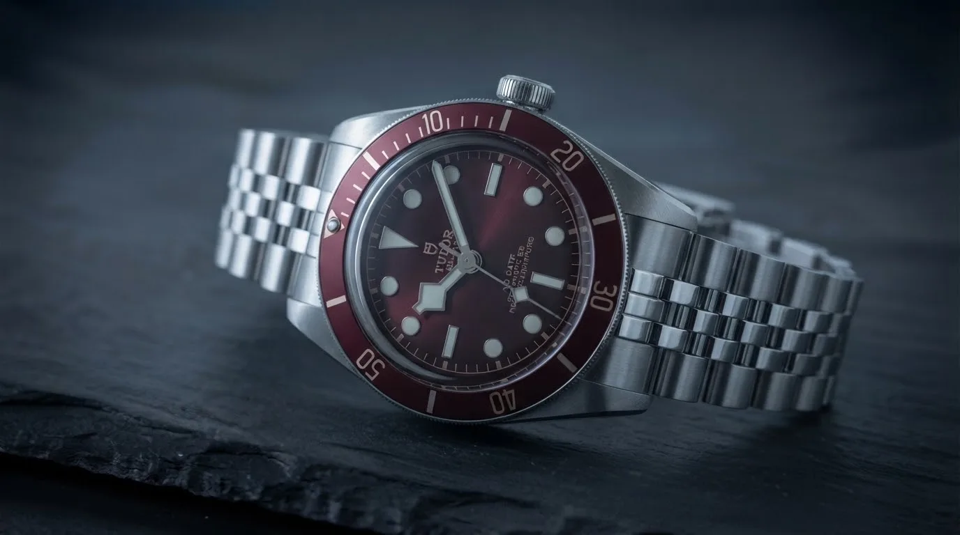 Illustrative render — hero view of the Tudor Black Bay 58 39mm M7939A1A0RU-0001 (steel, burgundy bezel and dial, 5-link steel bracelet, 2025 generation)