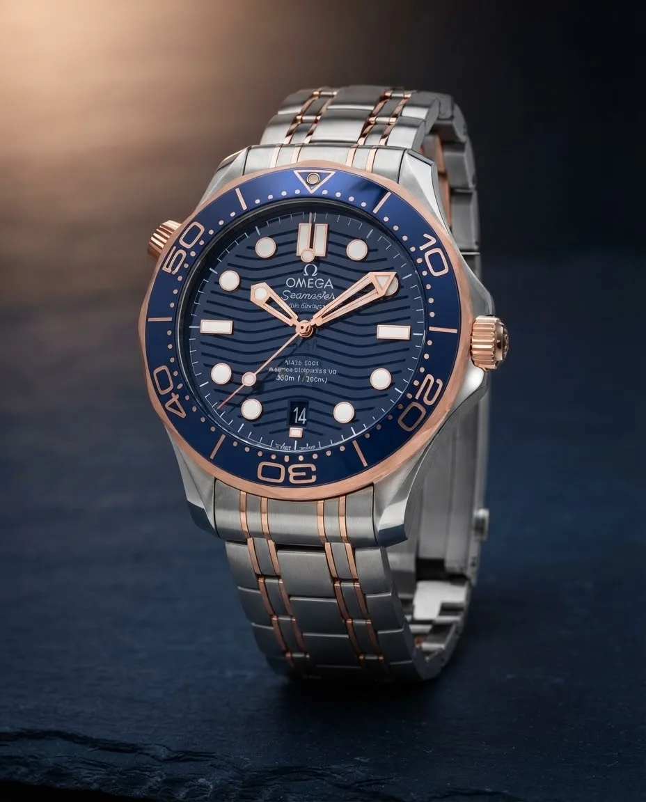 Illustrative render — hero view of the Omega Seamaster Diver 300M Co-Axial Master Chronometer 42mm 210.20.42.20.03.002 (steel and Sedna gold, blue dial, bracelet)