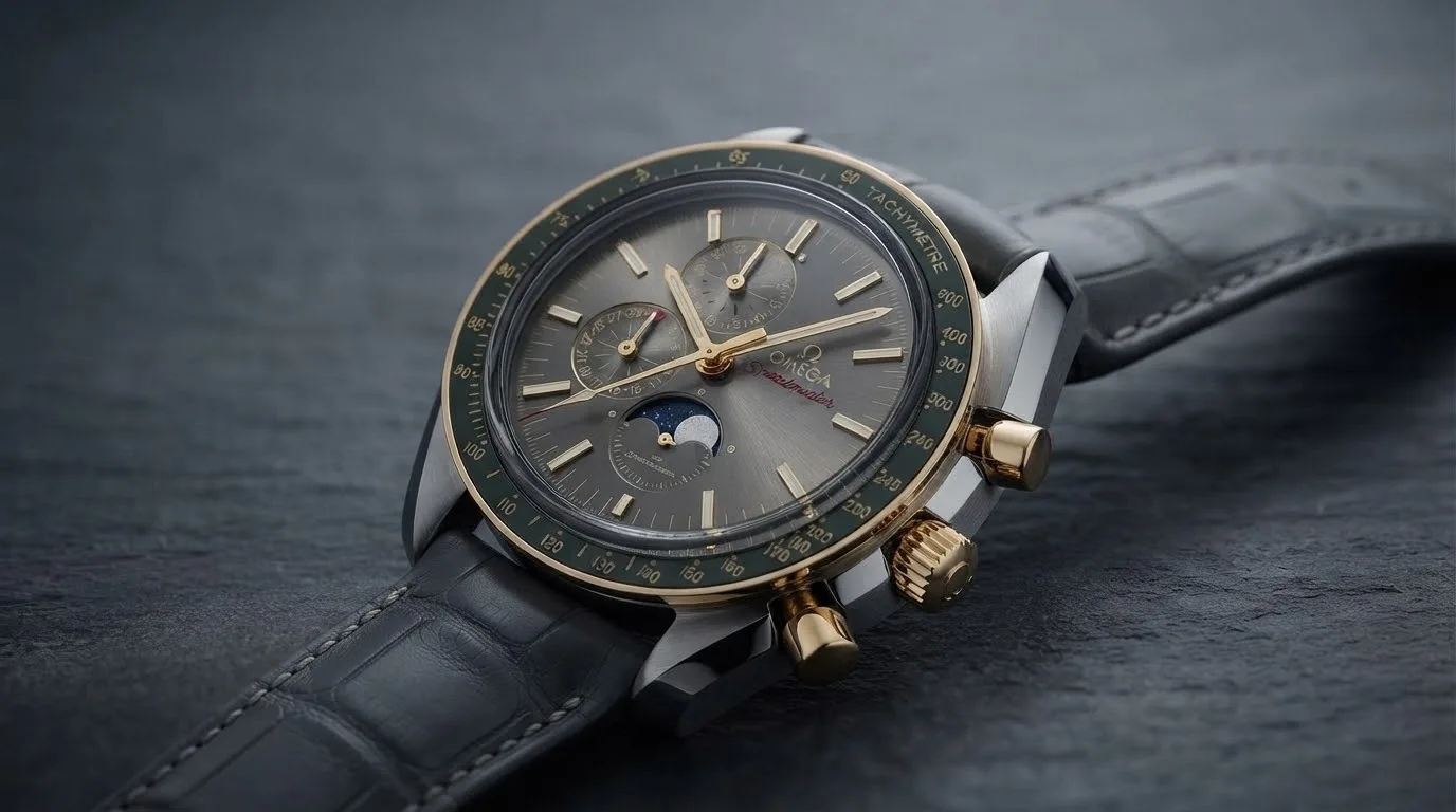 Illustrative render — hero view of the Omega Speedmaster Moonphase Co-Axial Master Chronometer Chronograph 44.25mm 304.23.44.52.06.001 (steel and yellow gold, grey dial, grey alligator strap)