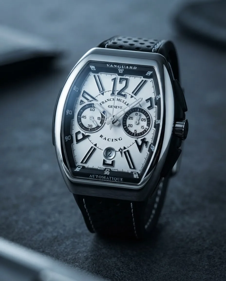 Illustrative render — hero view of the Franck Muller Vanguard Racing V 45 CC DT chronograph (steel, white dial, black flange, black leather-insert rubber strap)