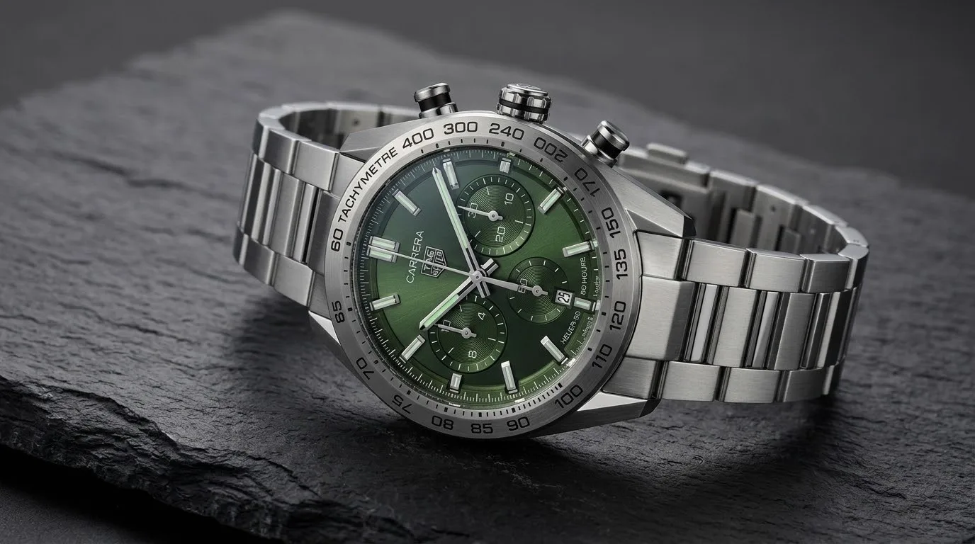 Illustrative render — hero view of the TAG Heuer Carrera Chronograph 44mm CBN2A10.BA0643 (steel, green dial, steel bracelet, Calibre Heuer 02)