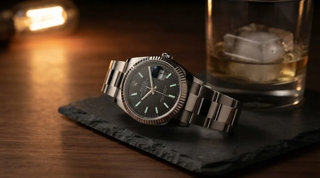 Illustrative render — hero view of the Rolex Datejust 36 126234 (steel, white gold fluted bezel, black dial)