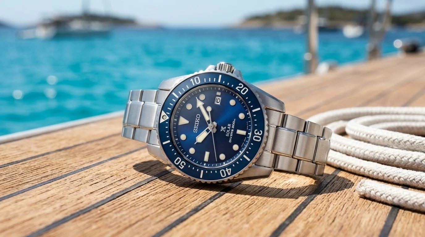 Illustrative render — hero view of the Seiko Prospex Solar Diver SNE585