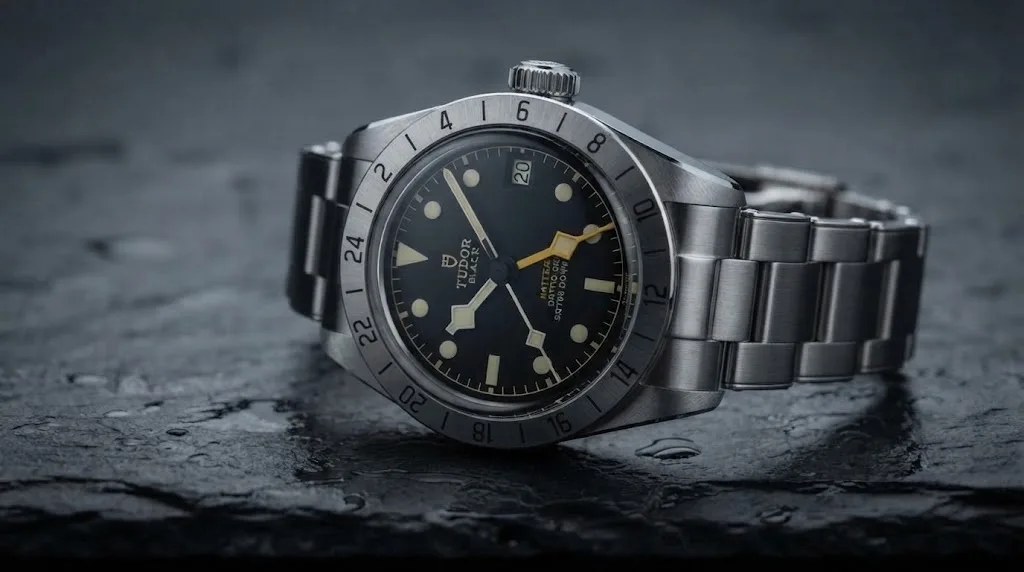 Illustrative render — hero view of the Tudor Black Bay Pro 39mm M79470-0001 (steel, fixed 24-hour bezel, black dial, riveted steel bracelet)
