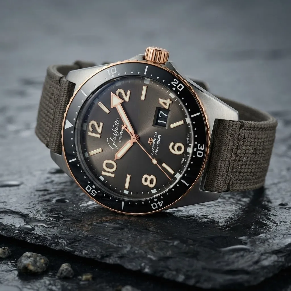 Illustrative render — hero view of the Glashütte Original SeaQ Panorama Date 1-36-13-04-91-34 (steel and red gold, grey dial, nylon strap)