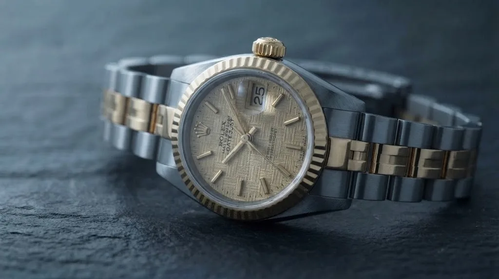 Illustrative render — hero view of the Rolex Lady-Datejust 26 ref. 69173 (steel and 18k yellow gold, champagne tapestry dial, fluted bezel, Oyster bracelet, pre-owned)