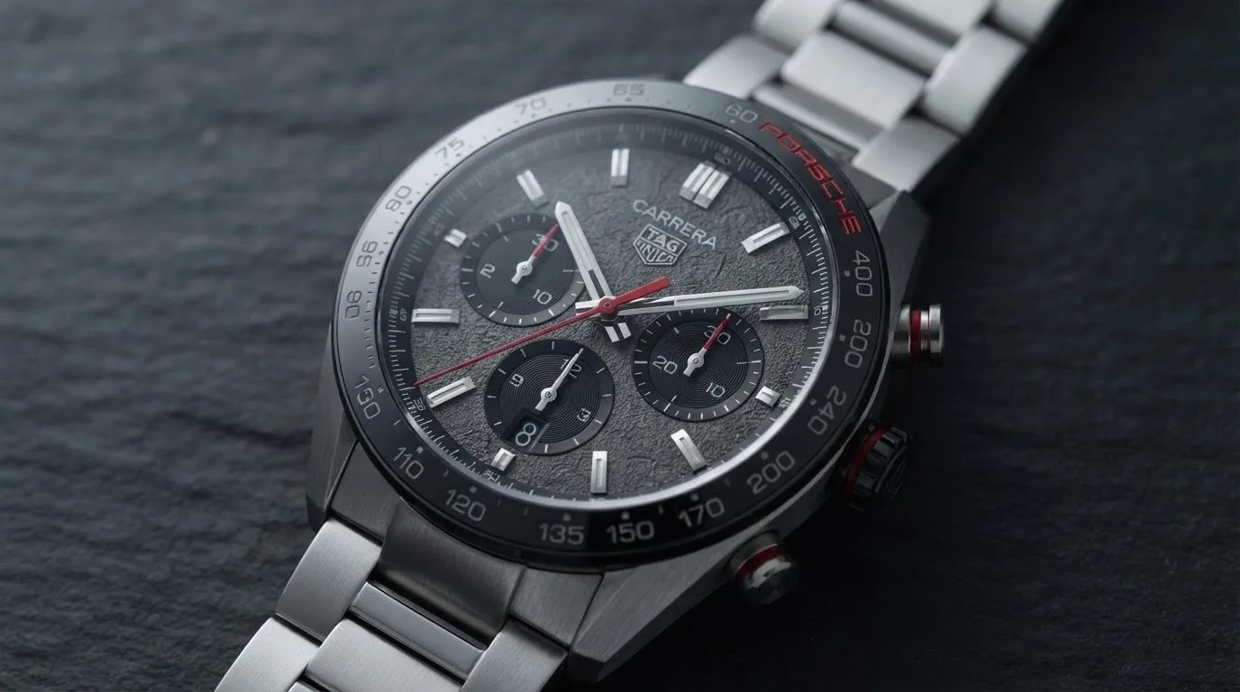 Illustrative render — hero view of the TAG Heuer Carrera Chronograph x Porsche 44mm CBN2A1F.BA0643 (steel, grey asphalt dial, steel bracelet, TH20-00)