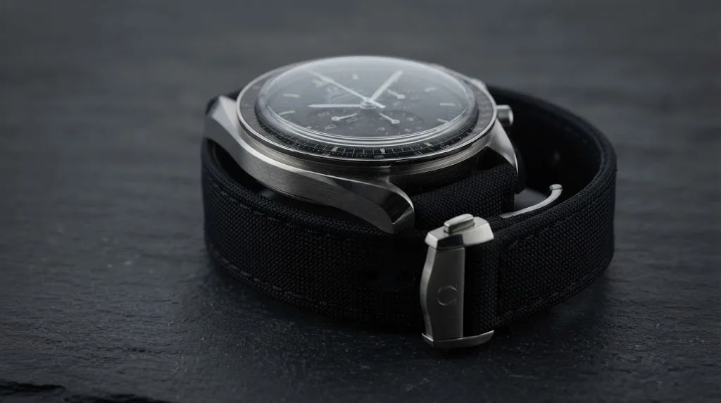 Illustrative render — hero view of the Omega Speedmaster Moonwatch Professional Co-Axial Master Chronometer 42mm 310.32.42.50.01.001 (hesalite, black nylon strap)