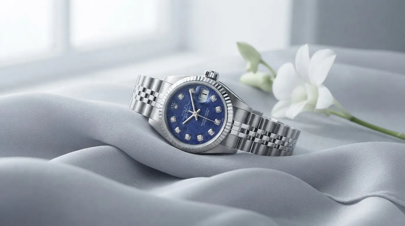 Illustrative render — hero view of the Rolex Lady-Datejust 26 79174 (steel, white gold fluted bezel, sodalite diamond dial)