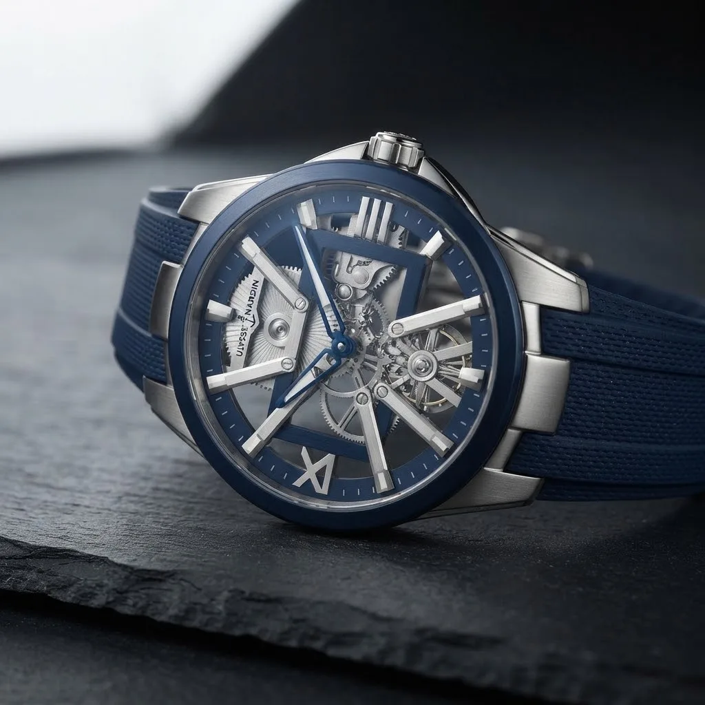 Illustrative render — hero view of the Ulysse Nardin Executive Skeleton X 3713-260-3/03 (titanium, blue bezel, blue rubber strap)