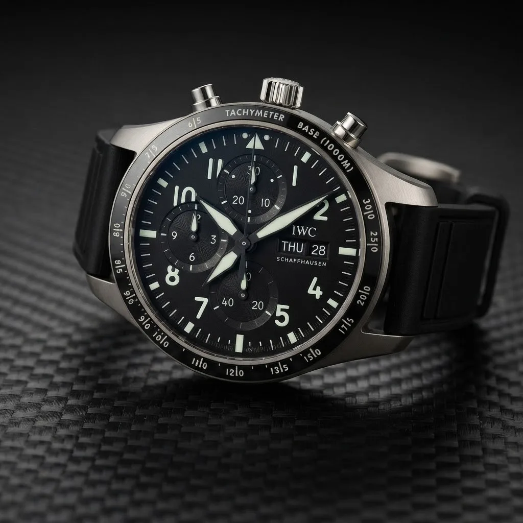 Illustrative render — hero view of the IWC Pilot's Watch Performance Chronograph 41 AMG IW388305 (titanium, black ceramic bezel, rubber strap)