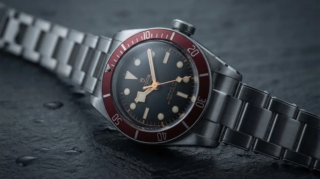 Illustrative render — hero view of the Tudor Black Bay 41mm M7941A1A0RU-0001 (steel, burgundy bezel, black dial, steel bracelet, METAS Master Chronometer)