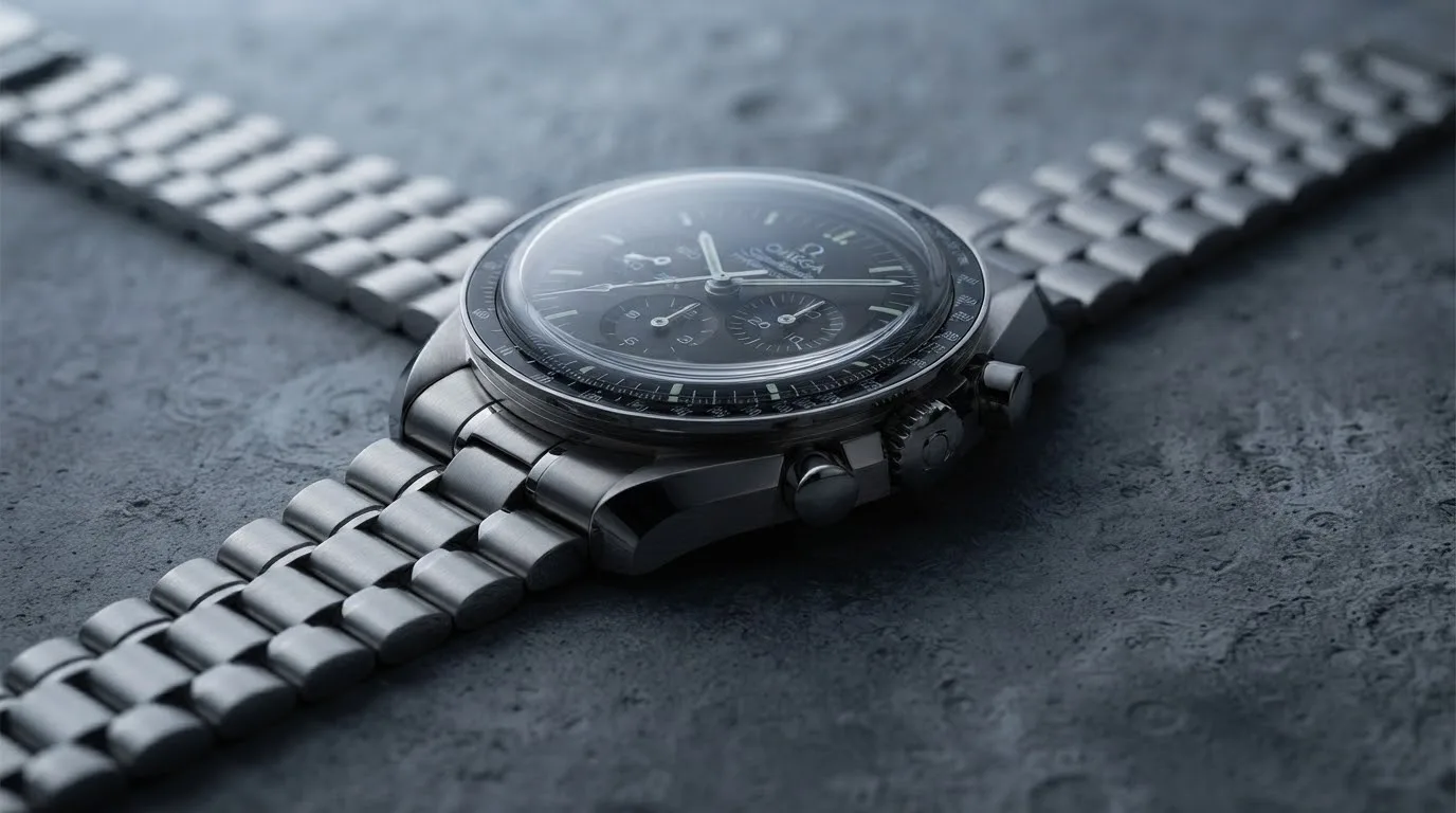 Illustrative render — hero view of the Omega Speedmaster Moonwatch Professional Co-Axial Master Chronometer 42mm 310.30.42.50.01.001 (hesalite, steel bracelet)