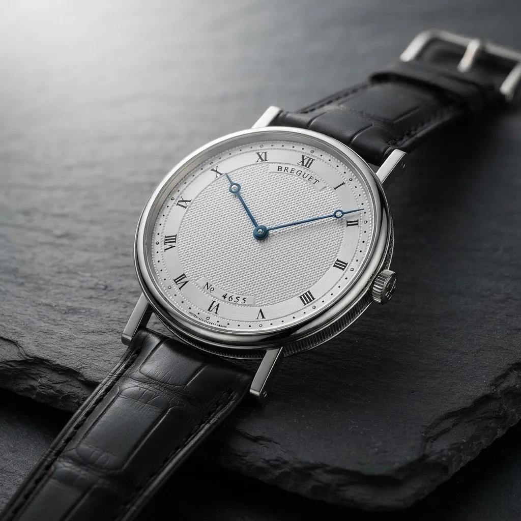 Illustrative render — hero view of the Breguet Classique Ultra Slim 5157BB/11/9V6 (18k white gold, silvered guilloche dial, black alligator strap)