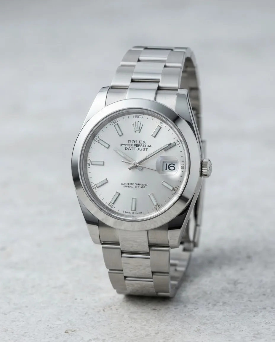 Illustrative render — hero view of the Rolex Datejust 41 (steel, smooth bezel, silver dial, Oyster bracelet)