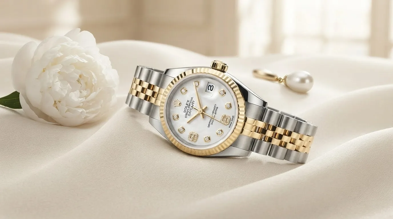 Illustrative render — hero view of the Rolex Lady-Datejust 26 79173 (two-tone, cacholong dial with diamond 6 and 9, box and papers)