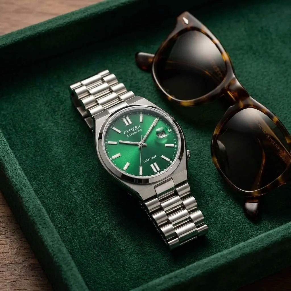 Illustrative render — hero view of the Citizen Tsuyosa Automatic (Green Dial)