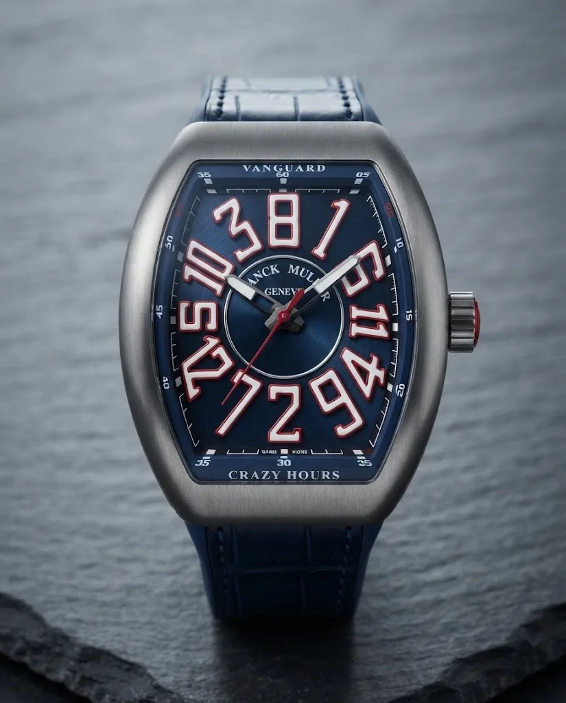 Illustrative render — hero view of the Franck Muller Vanguard Crazy Hours V 45 CH TT (blue dial, white numerals outlined in red, blue alligator-grain leather-insert strap)