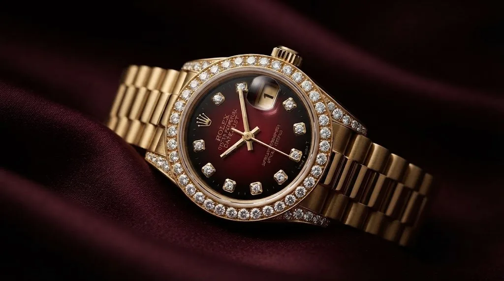 Illustrative render — hero view of the Rolex Lady-Datejust 26 (18k gold, diamond bezel and lugs, red vignette dial)