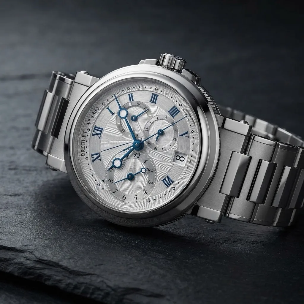 Illustrative render — hero view of the Breguet Marine Dual Time 5857ST/12/SZ0 (steel, silvered guilloche dial, bracelet)