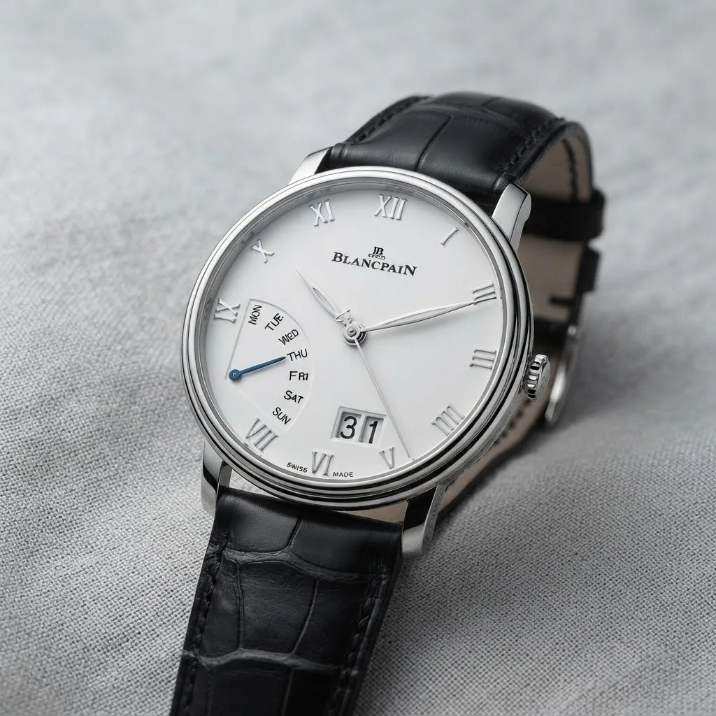 Illustrative render — hero view of the Blancpain Villeret Grande Date Jour Retrograde 6668-1127-55B (steel, white dial, alligator strap)