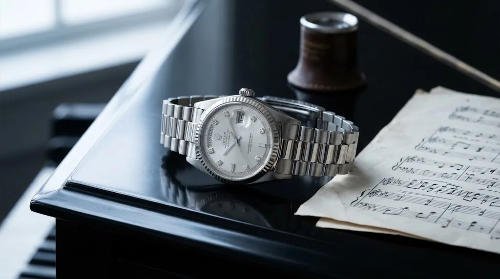 Illustrative render — hero view of the Rolex Day-Date 1803 (18k white gold, diamond dial, President, about 1970)