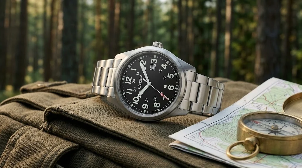 Illustrative render — hero view of the Citizen Eco-Drive Garrison Field AW0050