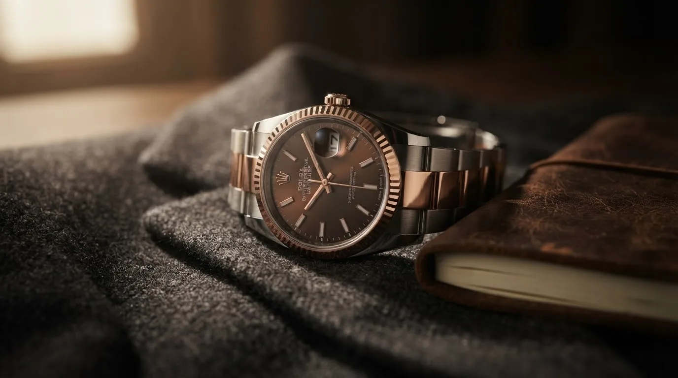 Illustrative render — hero view of the Rolex Datejust 36 (Everose Rolesor, chocolate dial)