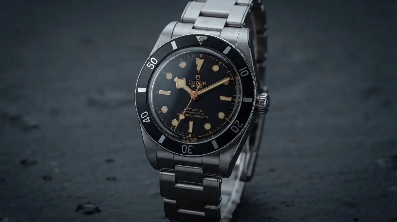 Illustrative render — hero view of the Tudor Black Bay 54 37mm M79000N-0001 (steel, black bezel and dial, steel bracelet)