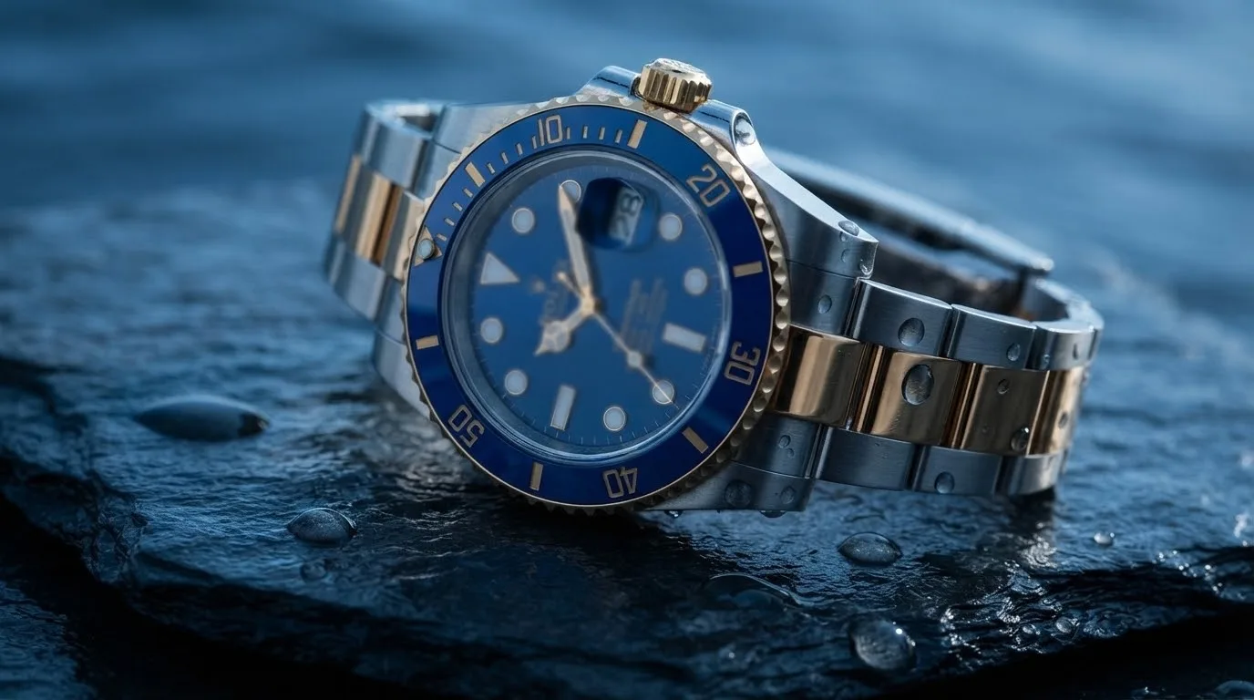 Illustrative render — hero view of the Rolex Submariner Date 116613LB (steel and yellow gold, blue dial)