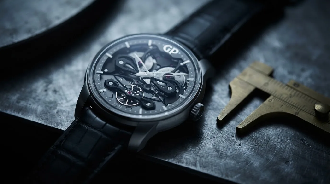 Illustrative render — hero view of the Girard-Perregaux Neo Bridges (titanium, black bridges, alligator strap)