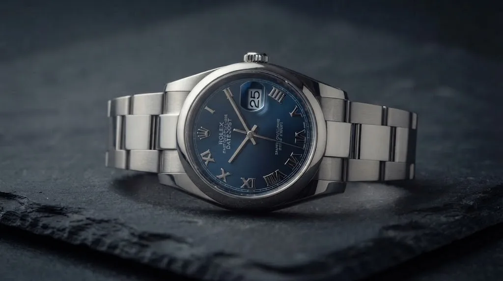 Illustrative render — hero view of the Rolex Datejust 36 (steel, blue Roman dial, smooth bezel, Oyster bracelet, service record and box, pre-owned)