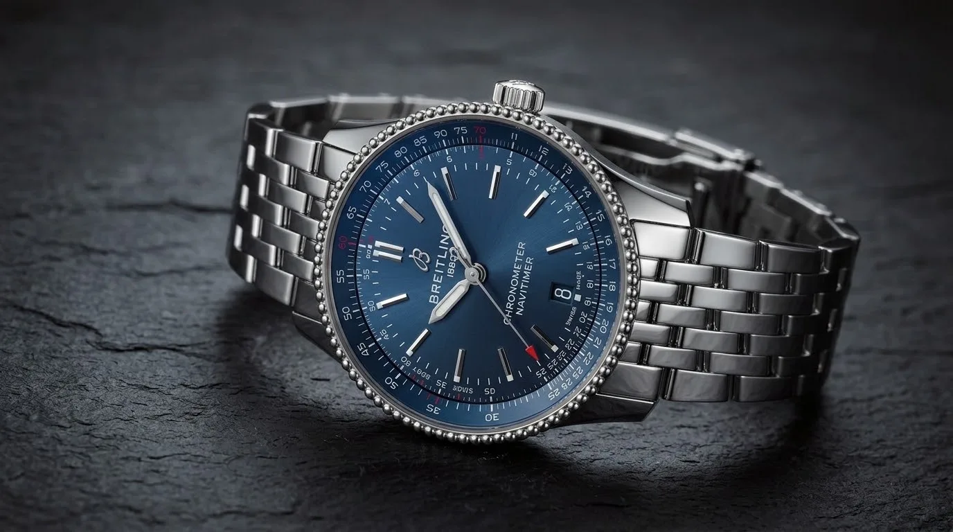 Illustrative render — hero view of the Breitling Navitimer Automatic 35 A17395161C1A1 (steel, blue dial, steel bracelet)