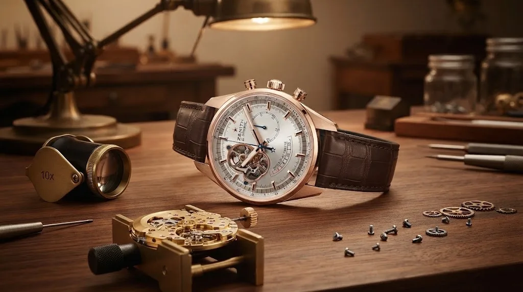 Illustrative render — hero view of the Zenith Chronomaster El Primero Open Power Reserve (18k rose gold)