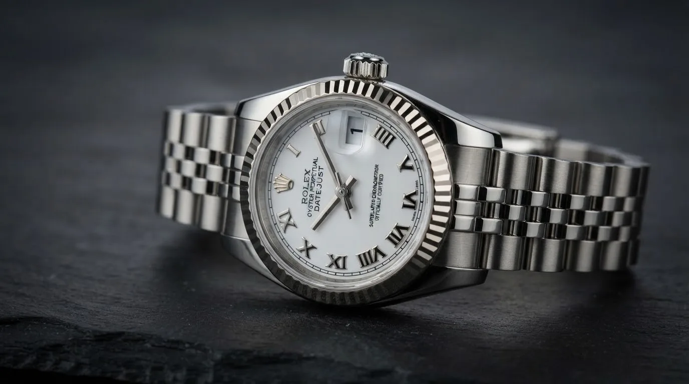 Illustrative render — hero view of the Rolex Lady-Datejust 26 ref. 79174 (steel, white gold fluted bezel, white Roman dial, Jubilee bracelet, box and papers, pre-owned)