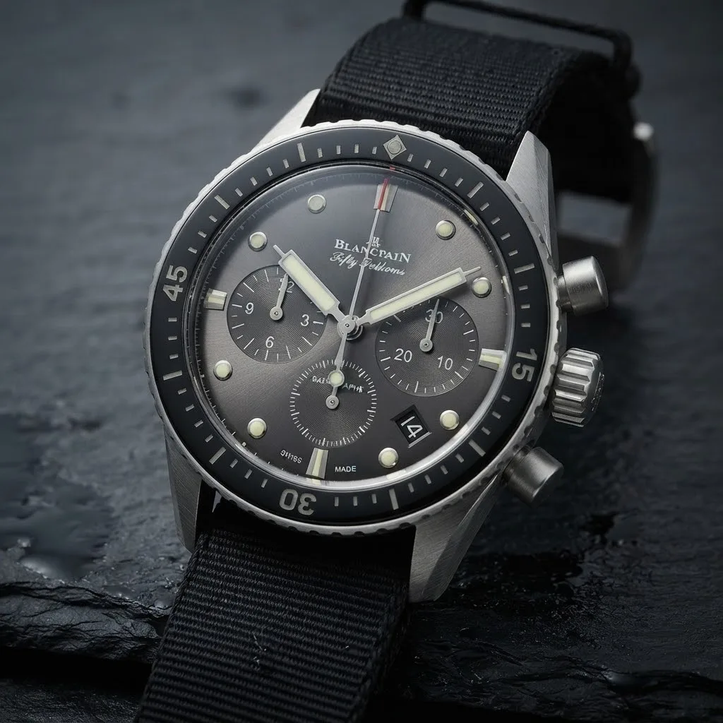 Illustrative render — hero view of the Blancpain Fifty Fathoms Bathyscaphe Chronographe Flyback 5200-1110-NABA (steel, meteor grey dial, NATO strap)