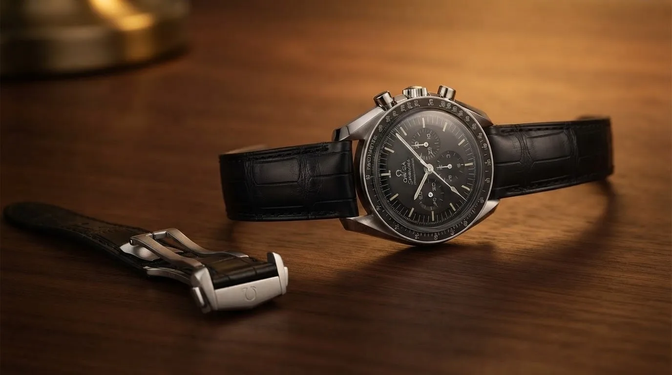 Illustrative render — hero view of the Omega Speedmaster Moonwatch Professional 42mm 311.33.42.30.01.001 (calibre 1861, hesalite, black leather strap)