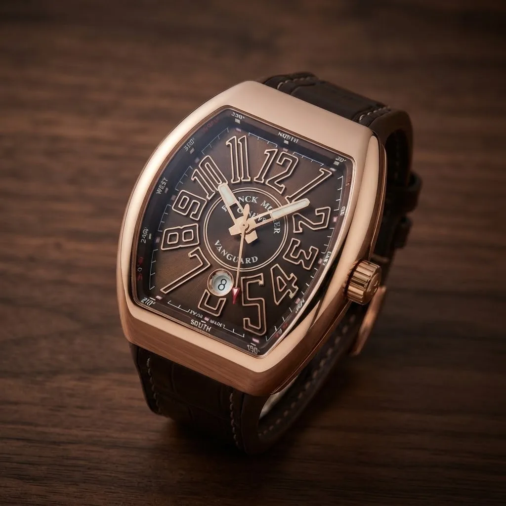 Illustrative render — hero view of the Franck Muller Vanguard V 45 SC DT (rose gold, brown compass dial, brown alligator strap)