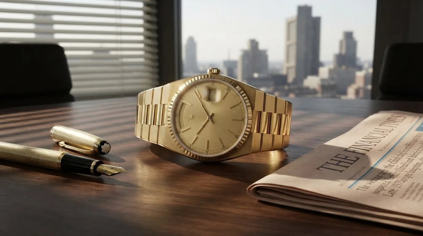 Illustrative render of the Rolex Oysterquartz Day-Date 19018 (yellow gold)